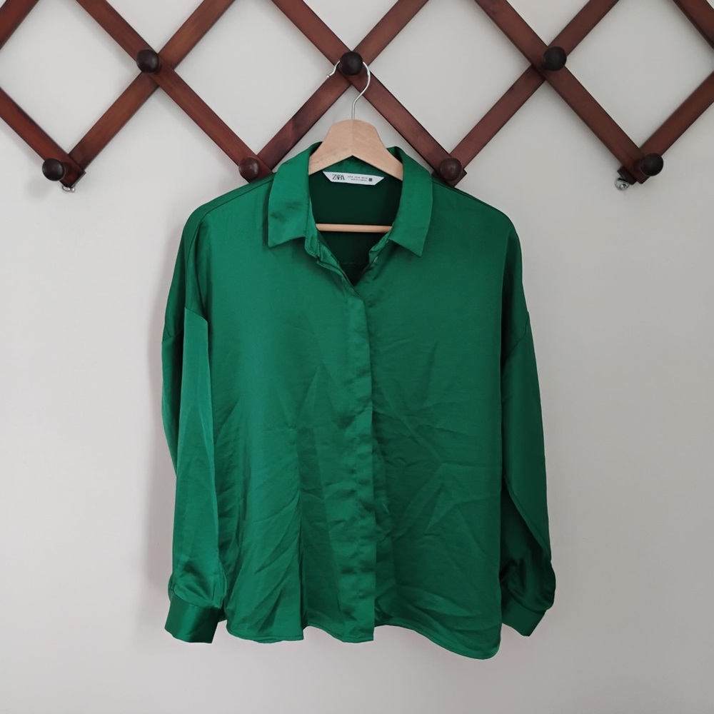 Zara Womens office blouse  Green dressy Button Down Shirt